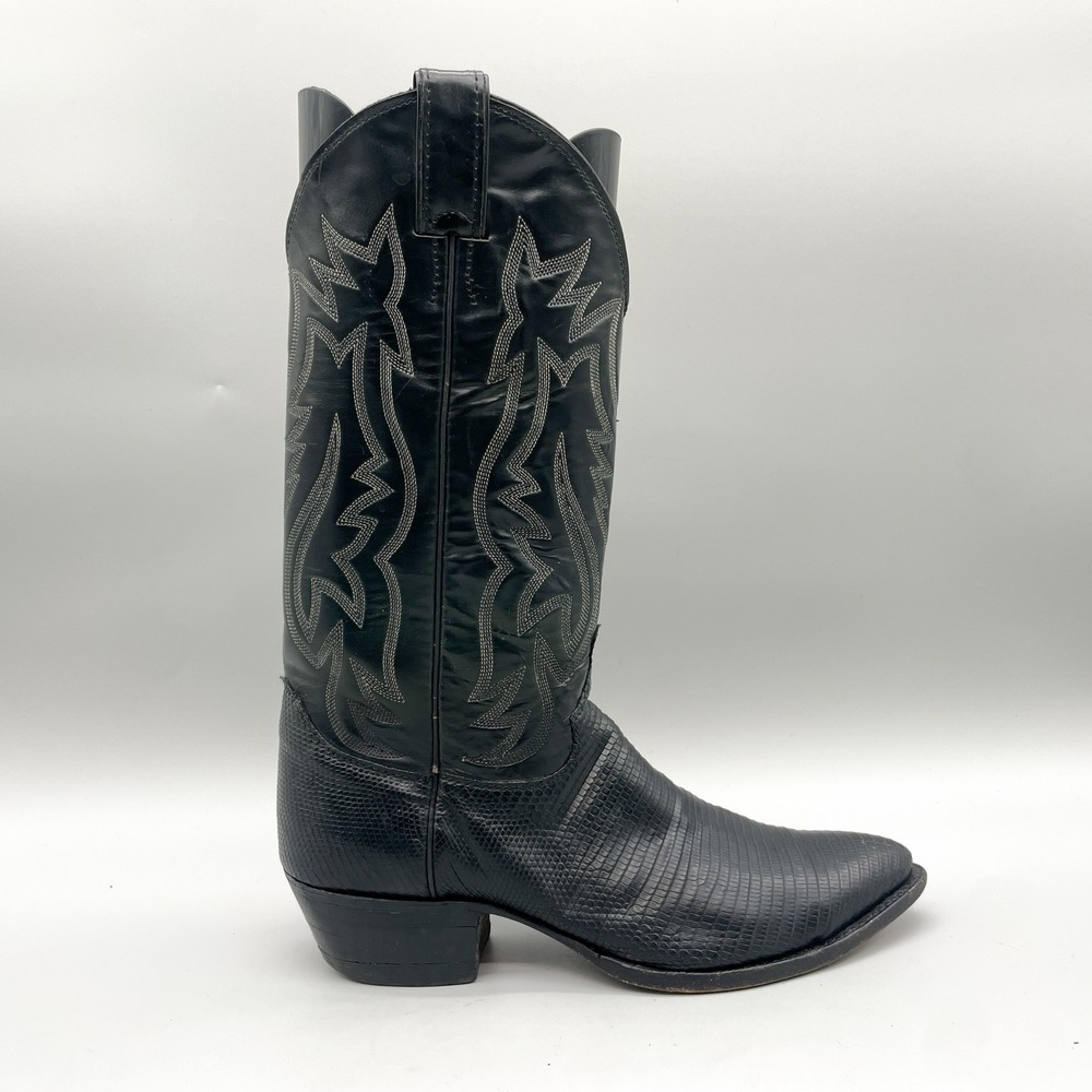 Justin Mens 8.5 D Western Cowboy Boots Black Teju Lizard Rockabilly Rodeo USA